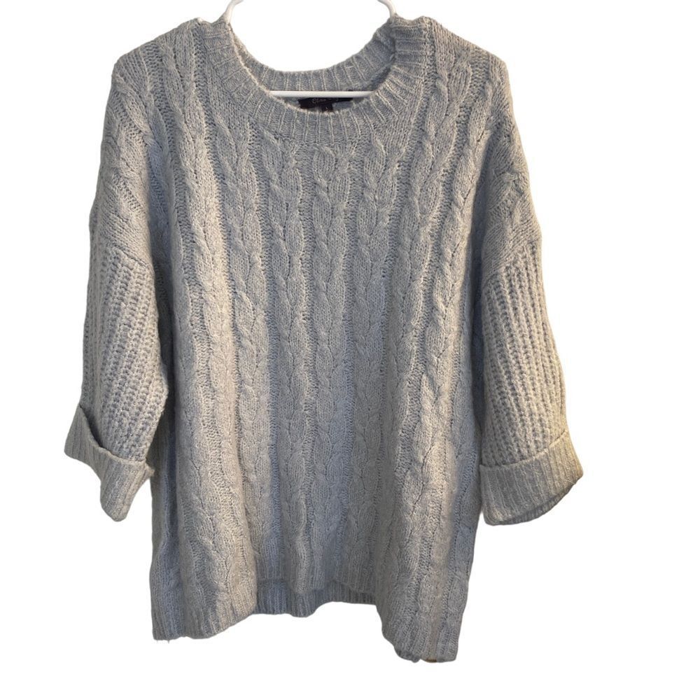 Olivia Sky Blue/Grey 3/4 Sleeve Cable Knit Sweater Sz L